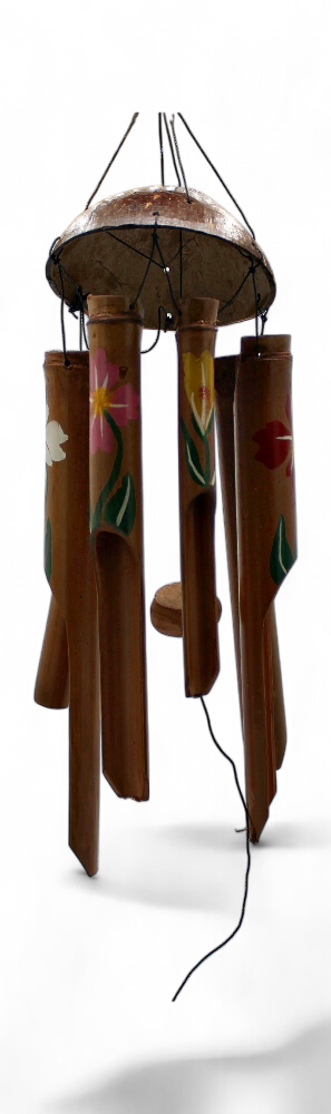 Carillon Bambou 30 Cm Tête Coco Et Fleur Peint Main