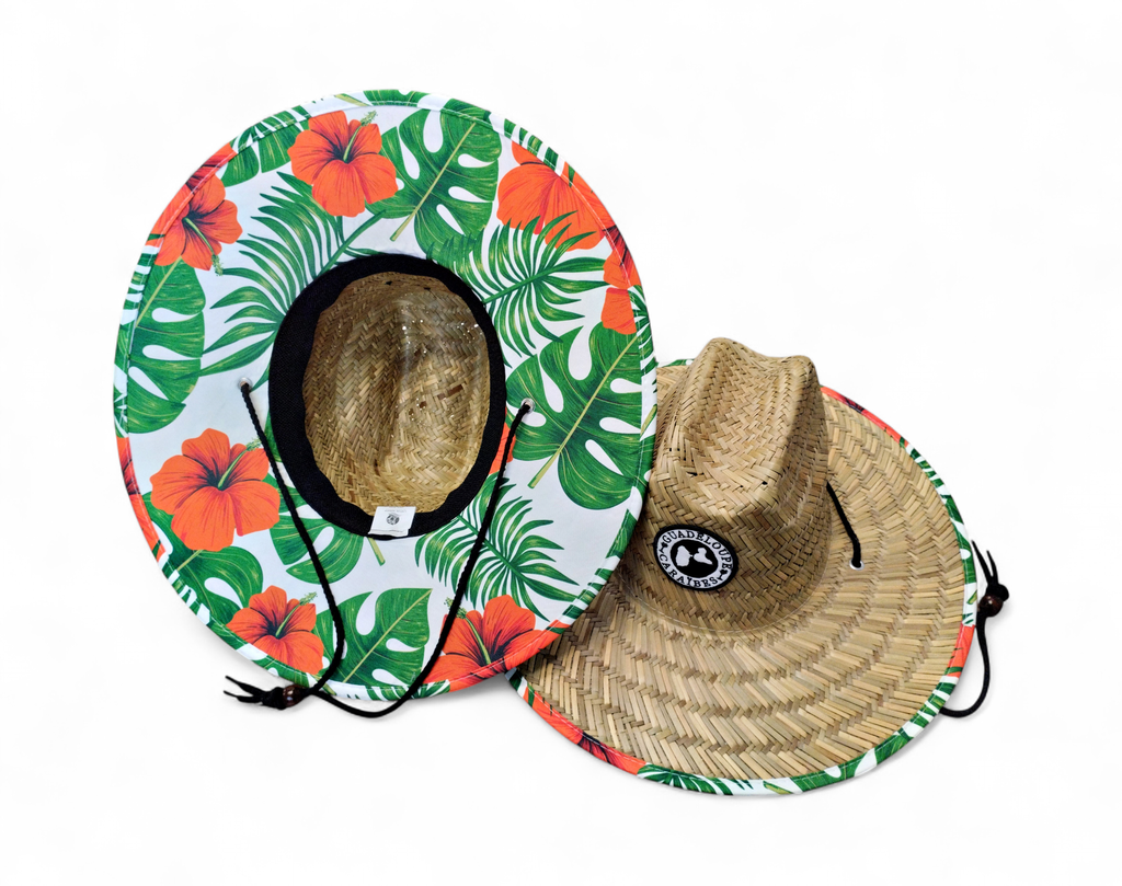 Chapeau en paille Hibiscus et feuillage