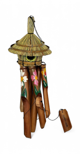 [47039] Carillon Bambou 30 Cm Niche D'Oiseau Et Fleur Peint Main