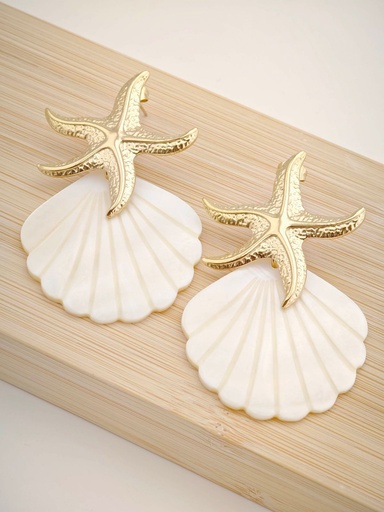 [22043] Boucle D'oreille inoxydable coquillage nacre plus étoile de mer dorée