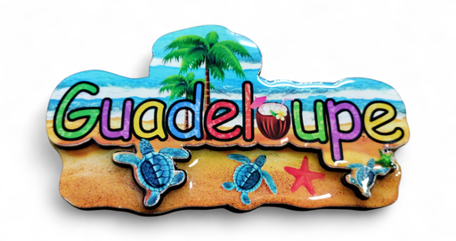 [15319] Magnet MDF - Bébé tortue sur la plage avec cocotier et inscription