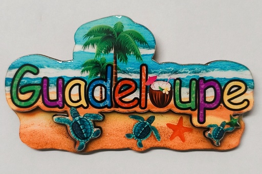 [15319] Magnet MDF - Bébé tortue sur la plage avec cocotier et inscription