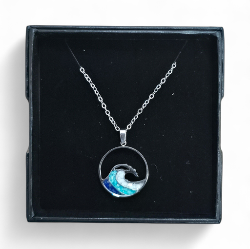 [26068] Collier Acier inoxydable Sodalite rond ajouré vague déferlante sable bleu turquoise