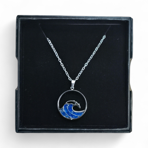 [26069] Collier Acier inoxydable Sodalite rond ajouré vague déferlante sable bleu 