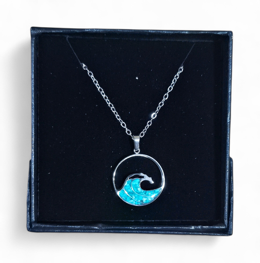 [26070] Collier Acier inoxydable Sodalite rond ajouré vague déferlante sable vert turquoise